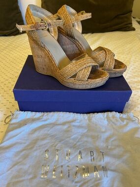Stuart Weitzman “Minx” Woven Cork Wedge Sandals